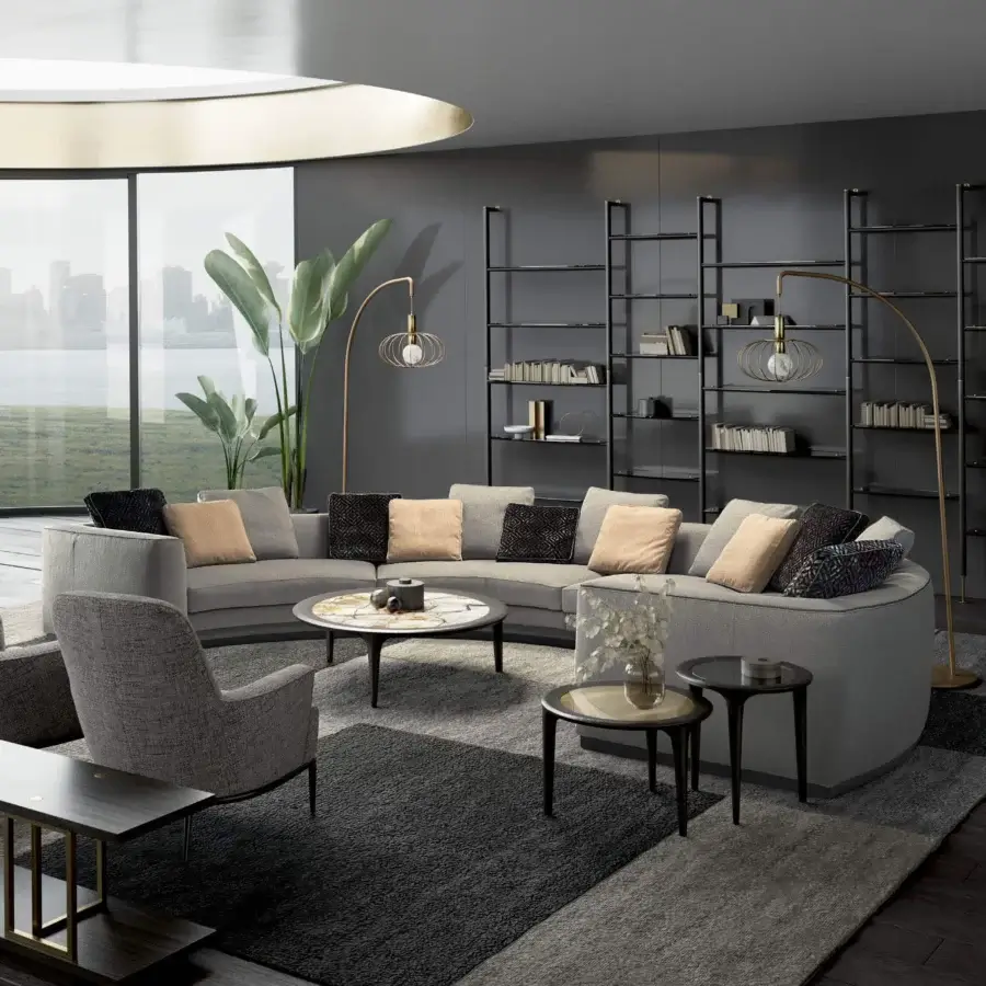 Lavish Borzalino Franklin U sectional upholstered in neutral gray textile with a dark matte metal base