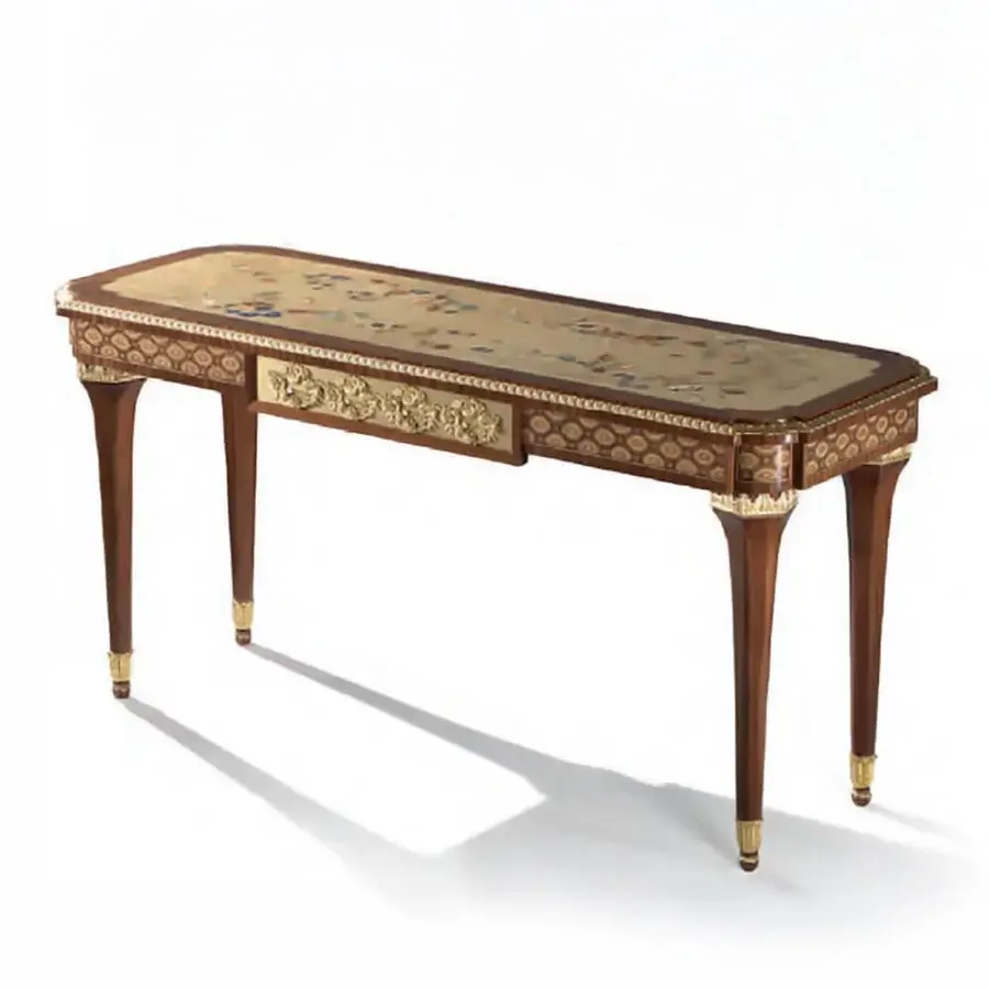 Distinguished Armando Rho A1264 console crafted in mahogany and ash burl with brass, copper, and wood veneer inlays exhibiting a warm medium-brown finish