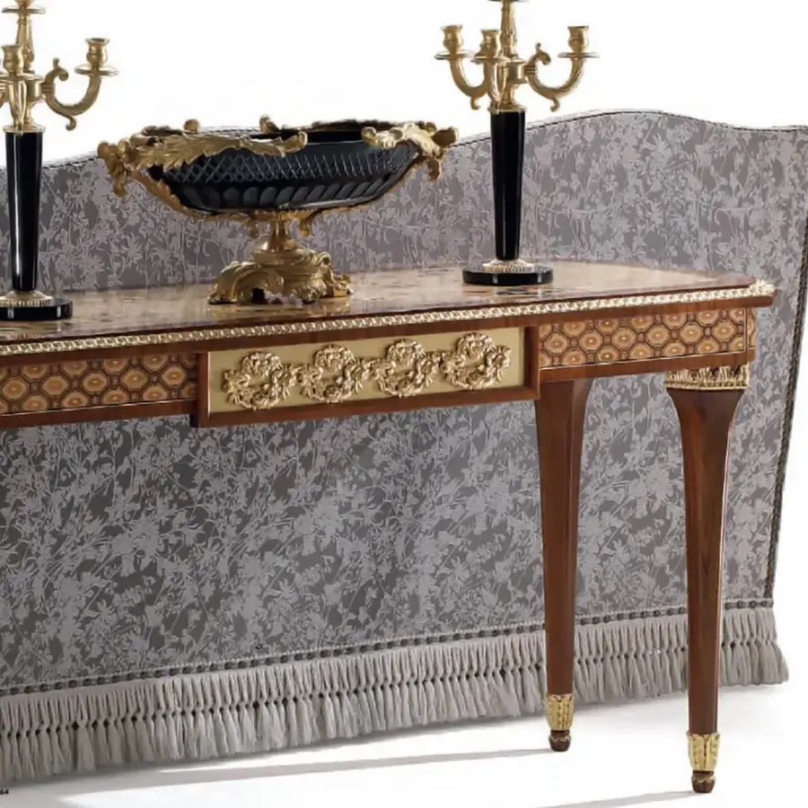 Lavish Armando Rho A1264 console crafted in mahogany and ash burl with gilded brass, copper, and wood veneer inlays and glossy dark veneer