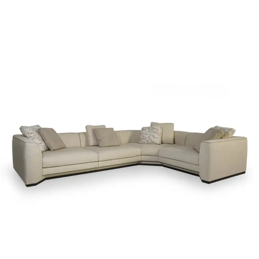 Exceptional Borzalino Franklin L sectional with textured neutral beige fabric upholstery and elegant piping