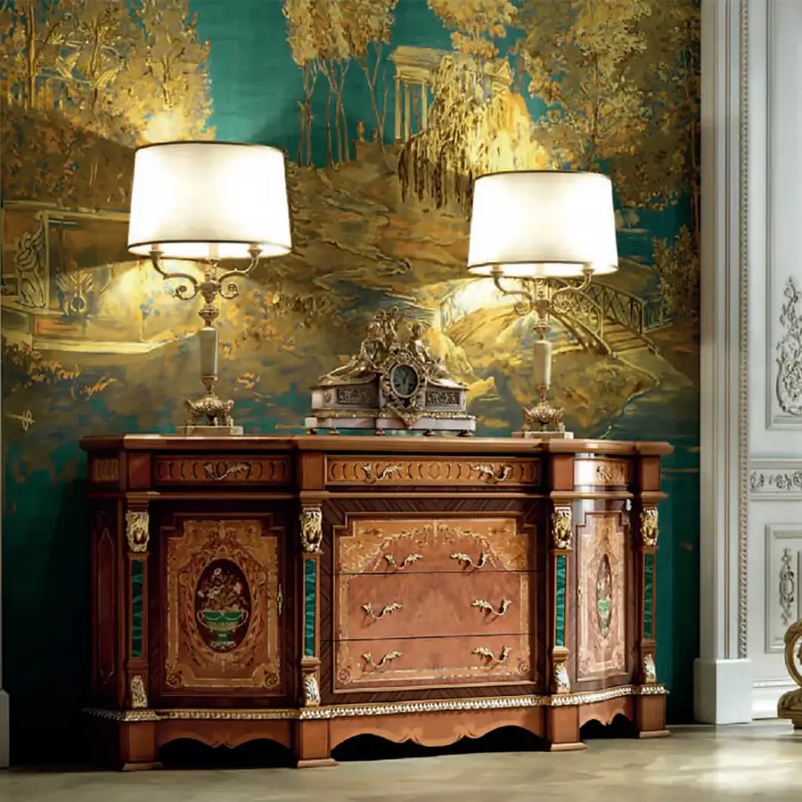 Superior Armando Rho A1325 dresser crafted in walnut Persian burl, satinwood and madrona burl with glossy reddish-brown finish and malachite inlays