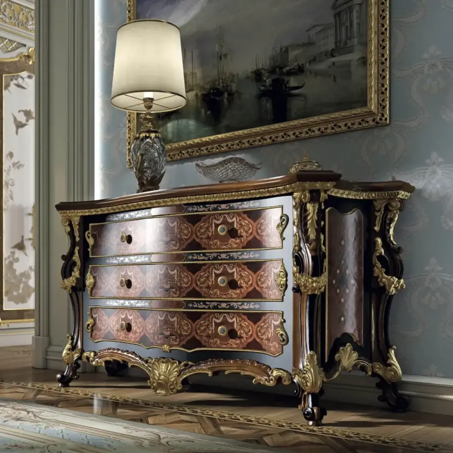 Distinguished Armando Rho A1276 dresser crafted in walnut Persian burl, amboyna burl, and olive wood with a glossy finish