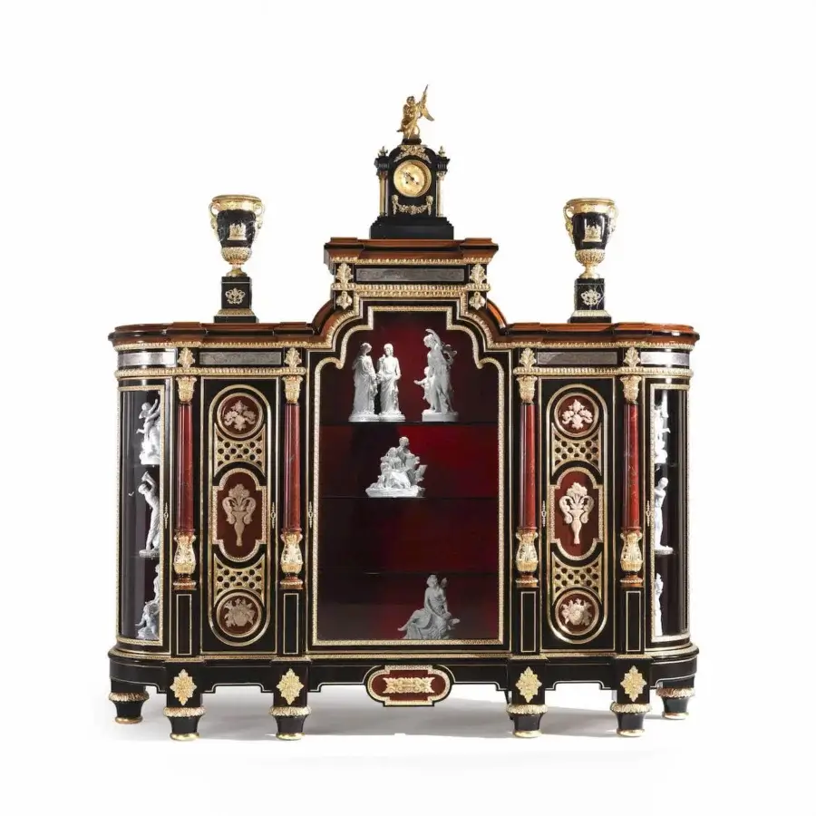 Exclusive Armando Rho A1259 cabinet with lustrous ebony finish and exquisite jasper semi-precious stone inserts