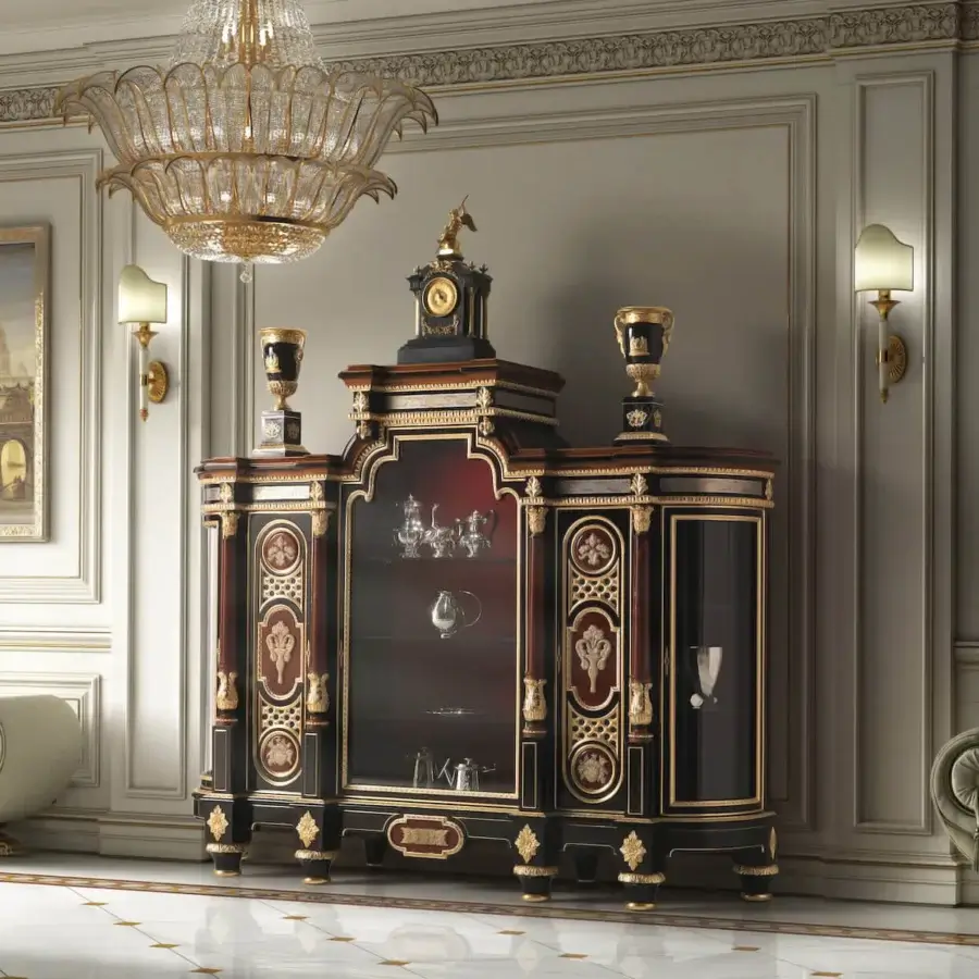 Lavish Armando Rho A1259 cabinet handcrafted in wood with a deep ebony finish and gold-toned accents with semi-precious jasper stone inserts