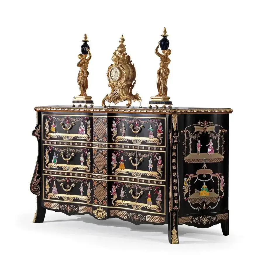 Lavish Armando Rho A1296 dresser crafted in Italy with ebony finish, gilded metal and mother of pearl inlays showcasing ornate floral designs