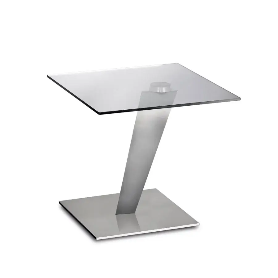 Elegant Naos Calypso side table with clear grey-tinted glass tabletop and brushed pale grey metal base crafted in Italy