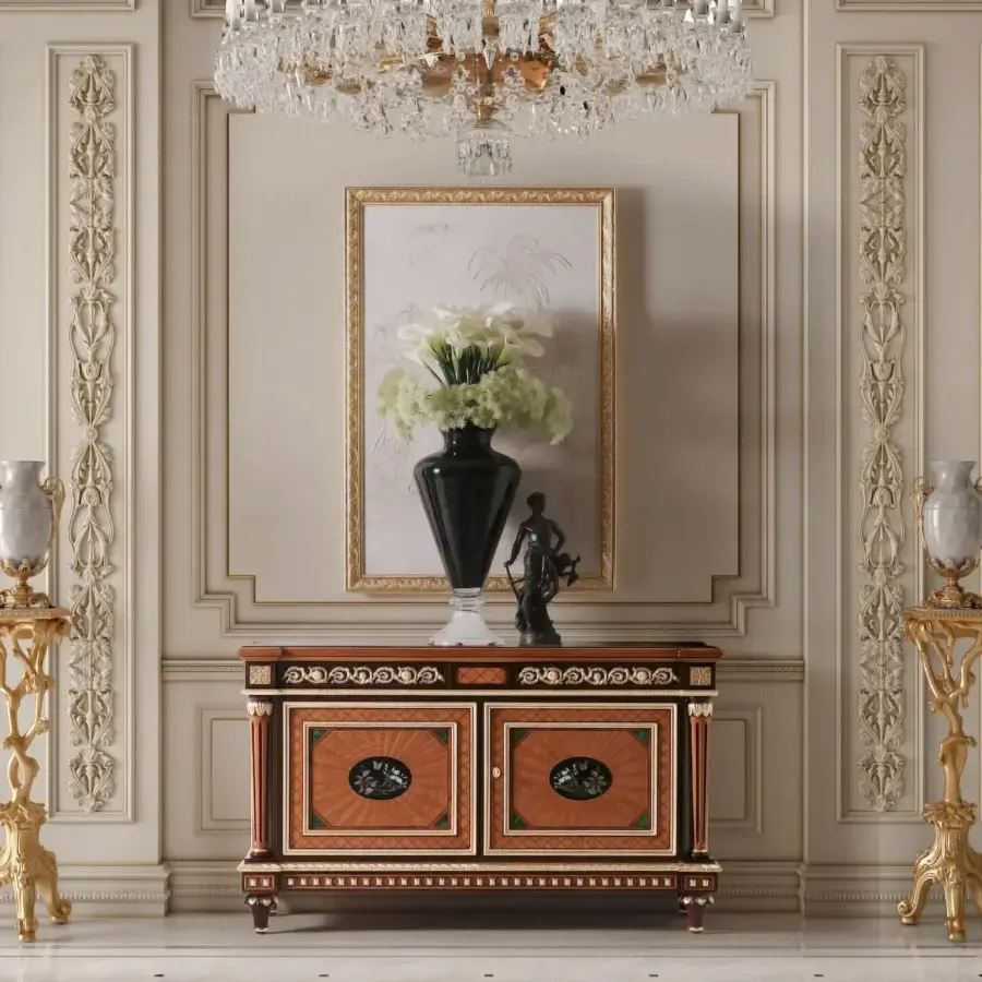 Exquisite Armando Rho A1269 sideboard crafted in walnut Persian burl, yew wood with amaranth accents and luminous white onyx