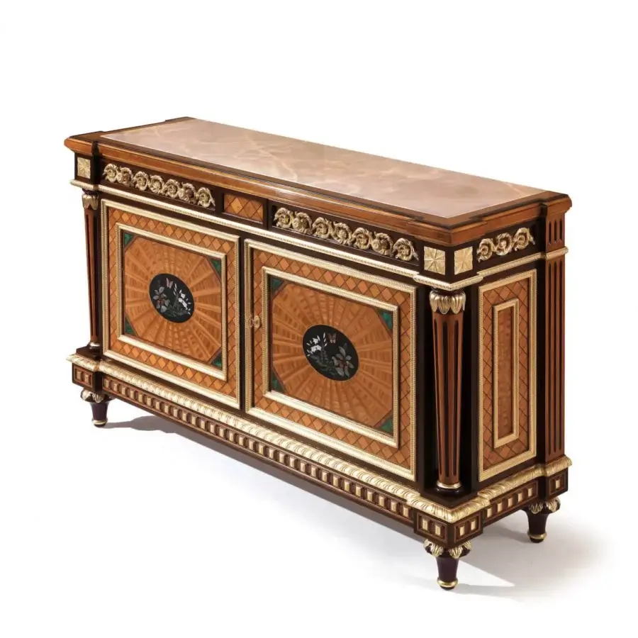 Distinguished Armando Rho A1269 sideboard built in walnut Persian burl, yew wood with amaranth accents and a luminous white onyx top with glossy finish