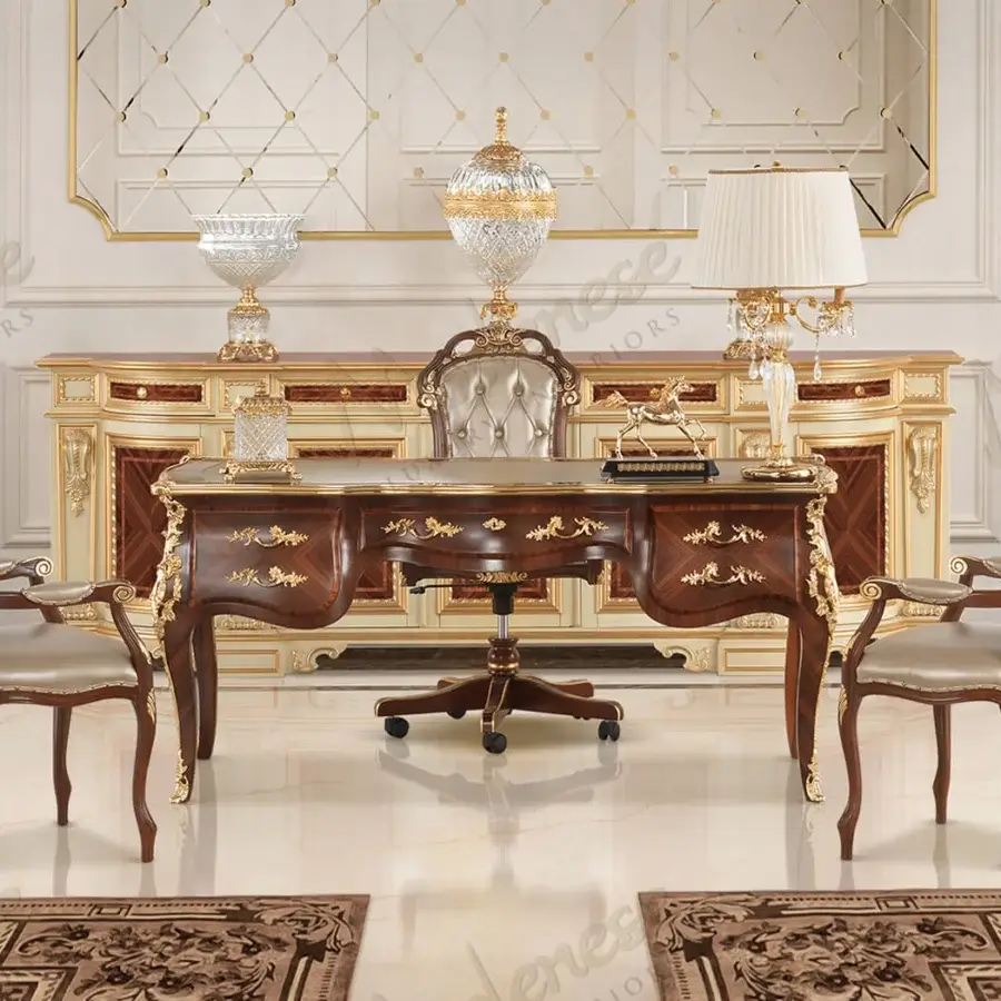 Exquisite Modenese Royal Symphony writing desk with dark brown wood, gold accents and an ivory leather writing surface