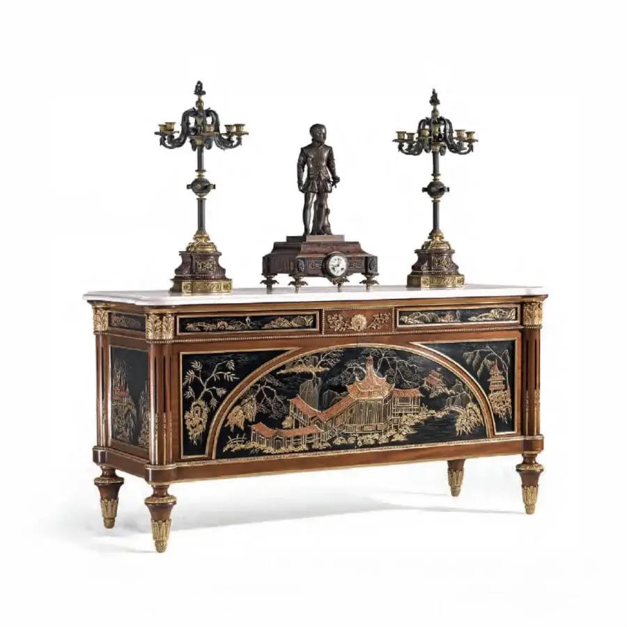 Distinguished Armando Rho A1321 sideboard with glossy black mahogany, sculpted gypsum relief and luminous white Estremoz marble top