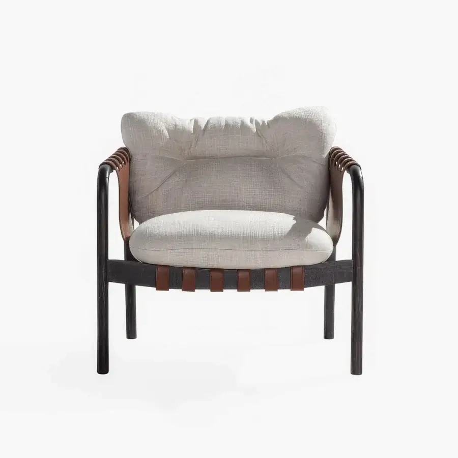 Sophisticated Carpanese Home Bridge lounge chair with solid beech wood and woven reddish-brown leather straps in textured neutral beige fabric