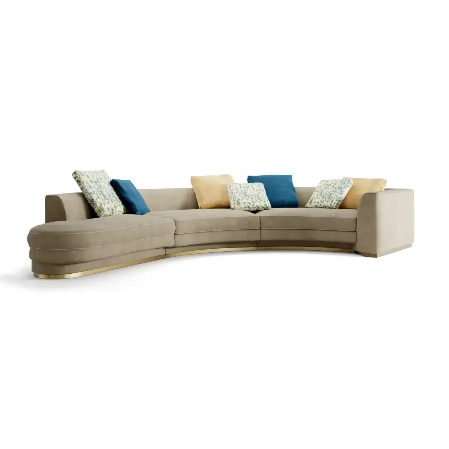 Architectural Borzalino Franklin curved sofa upholstered in muted gray textile with a matte finish and vibrant cushions