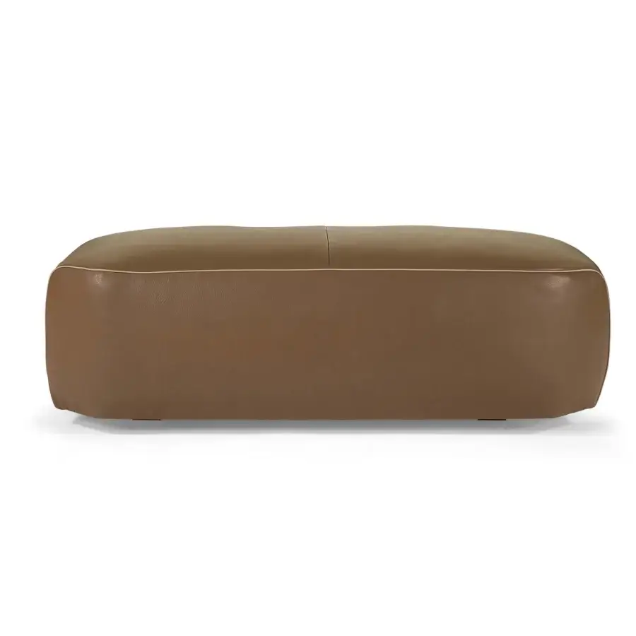 Exceptional Borzalino Franklin ottoman upholstered in textured leather with elegant gros-grain trimming and lacquered wood feet