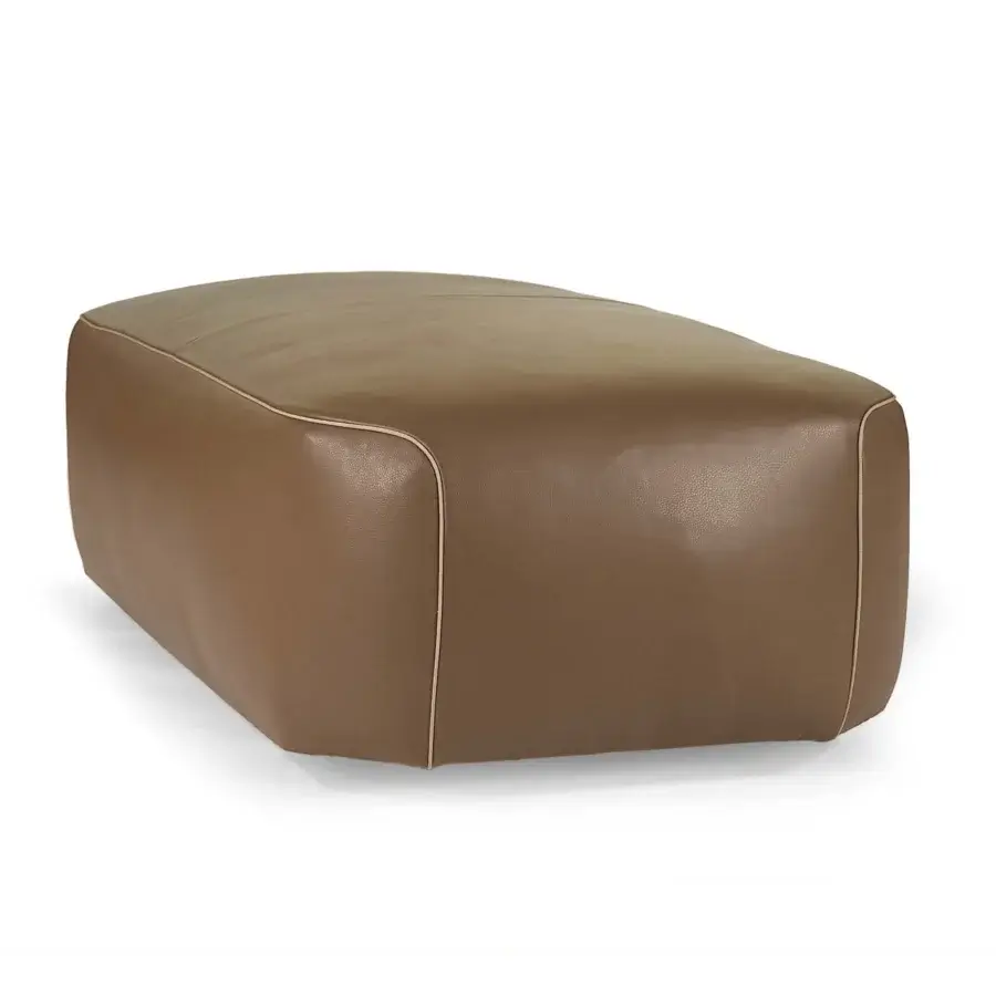 Distinguished Borzalino Franklin ottoman crafted in warm brown leather-like material with gros-grain trimming and lacquered wood feet