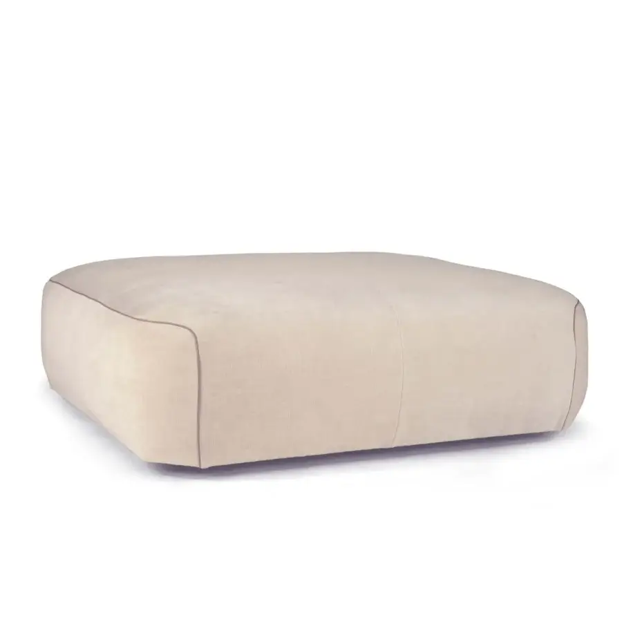Lavish Borzalino Franklin ottoman upholstered in light beige textile with channelled feather quilt and lacquered wood feet