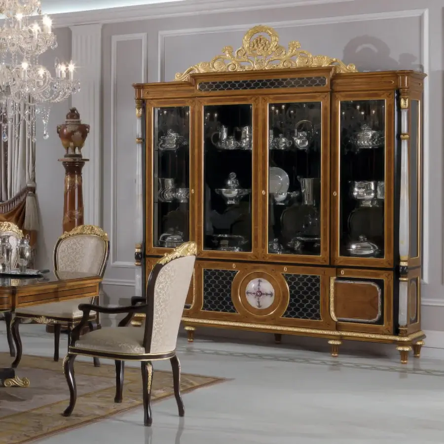 Lavish Armando Rho 1167 cabinet handcrafted in satinwood with walnut burl and ebony accents, embellished with mother of pearl inlays