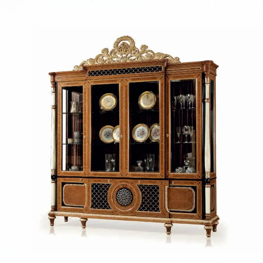 Distinguished Armando Rho 1167 cabinet crafted in luminous satinwood with walnut burl and ebony accents, showcasing intricate mother of pearl inlays
