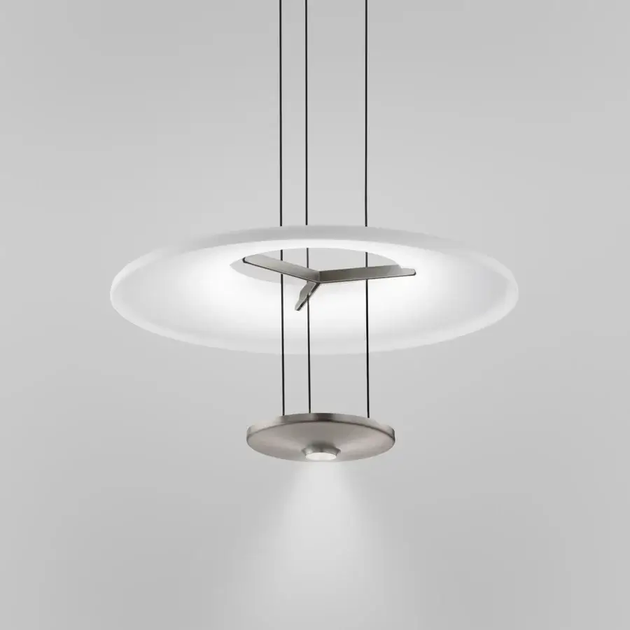 Exclusive Vistosi Dione suspension lamp with overlapping glass discs and a satin metal core in neutral gray