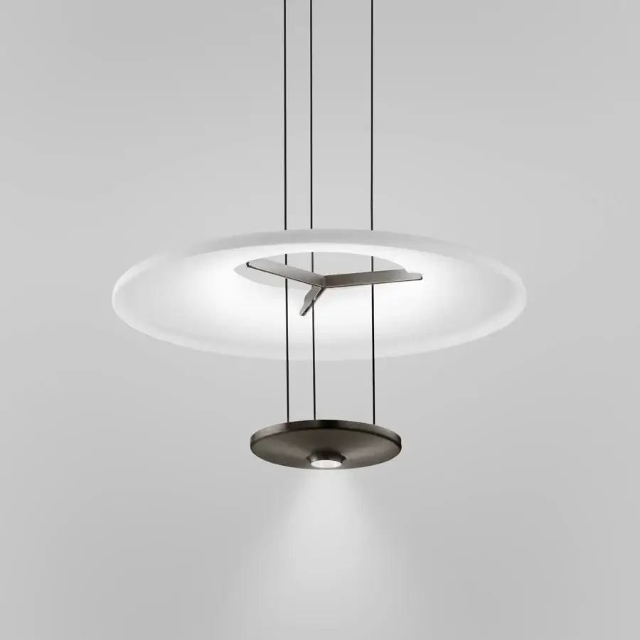 Distinguished Vistosi Dione suspension lamp with overlapping glass discs and a satin dark gray metal core