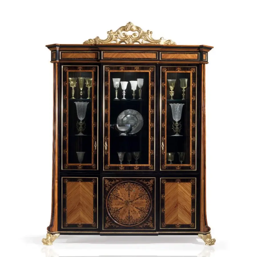 Distinguished Armando Rho A1172 cabinet crafted in bois de rose and ebony with gilded metal detailing and a glossy finish