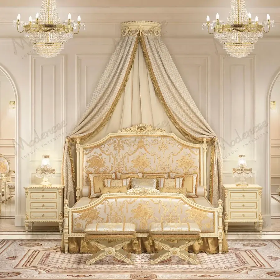 Superior Modenese Golden Radiance bed crafted in cream and gold damask fabric with glossy gold finish evoking timeless elegance