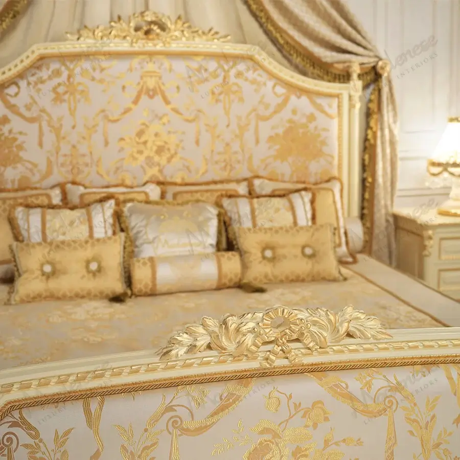 Exquisite Modenese Golden Radiance bed crafted with cream and gold damask fabric and a gilded, floral headboard finish