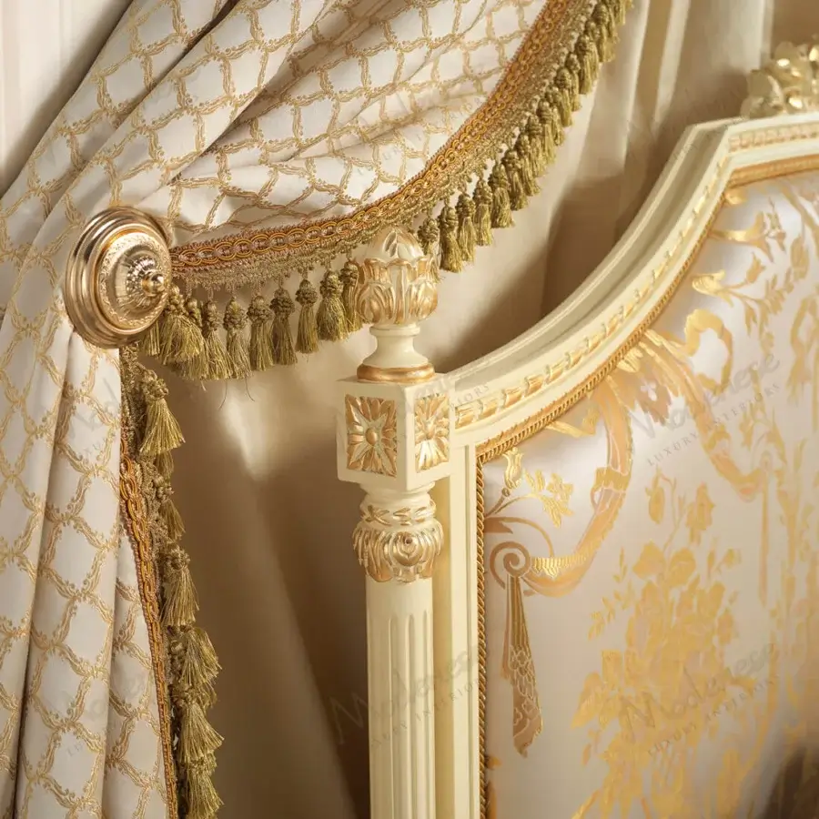 Distinguished Modenese Golden Radiance bed crafted with cream and gold damask fabric and glossy pale gold wood finish