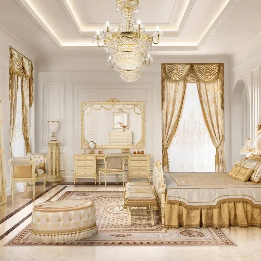 Lavish Modenese Golden Radiance bed built with cream and gold damask fabric and glossy golden wood finish