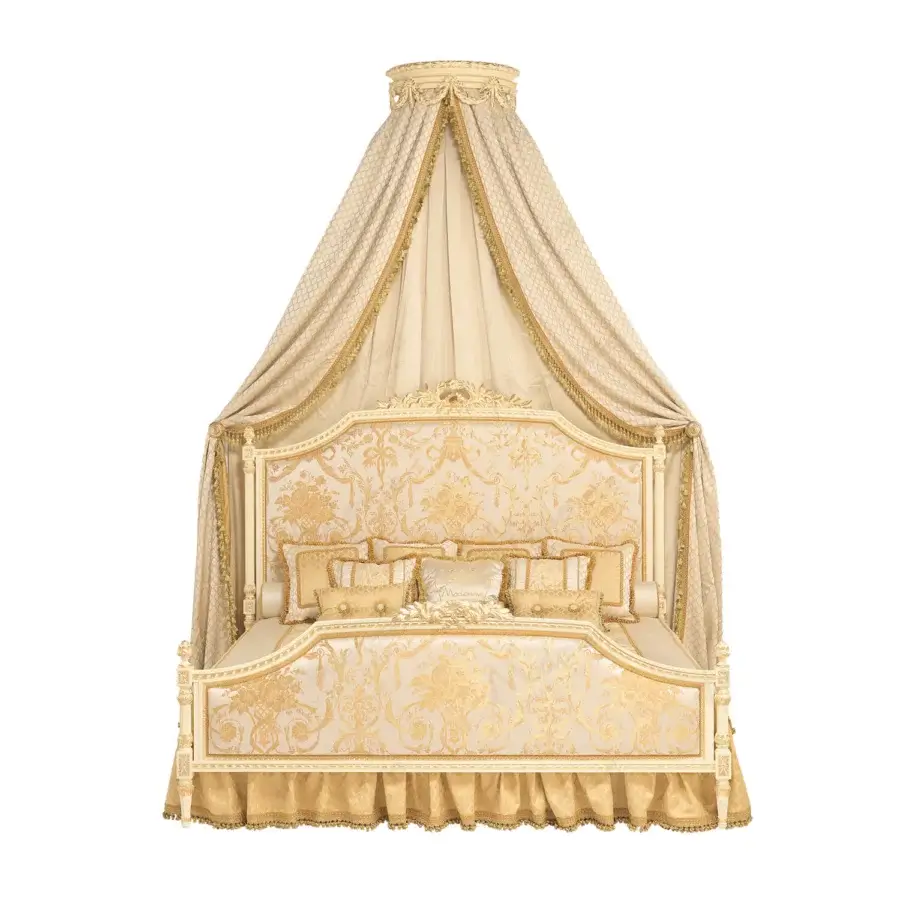 Exquisite Modenese Golden Radiance bed crafted with cream and gold damask fabric and glossy wood frame