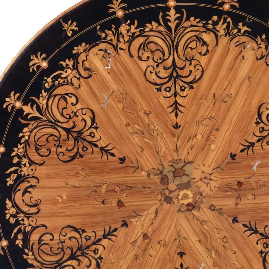 Superior Armando Rho A1173 table crafted from bois de rose and ebony with deep ebony finish and intricate floral marquetry