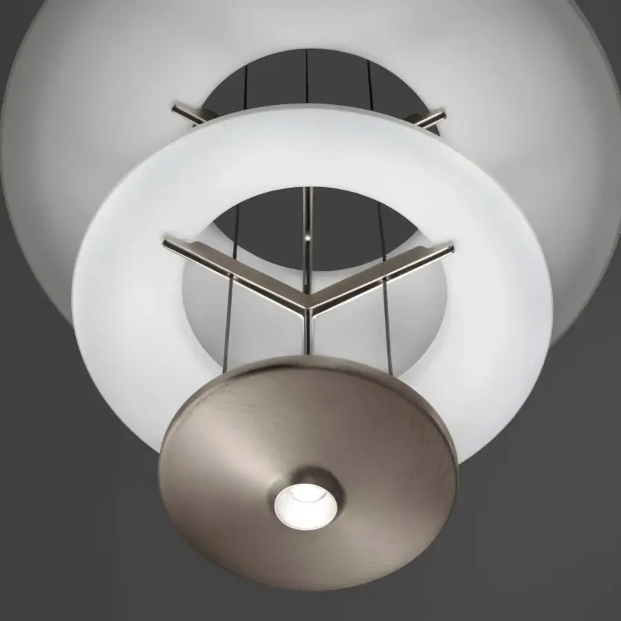 Superior Vistosi Dione suspension lamp with dual glass diffusers and brushed metal in white and silver
