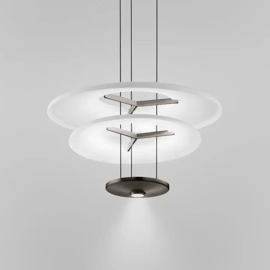 Elegant Vistosi Dione suspension lamp with dual LED sources and multi-tiered glass diffusers in matte white finish