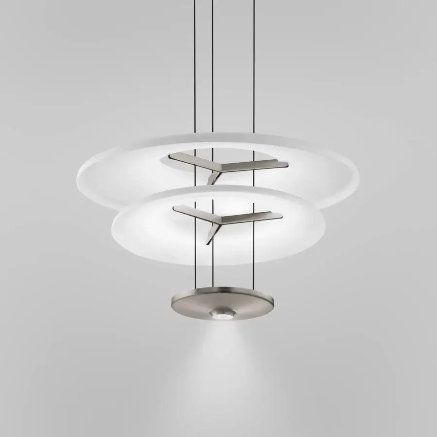 Exceptional Vistosi Dione suspension lamp with tiered circular form and smooth white glass diffusers built with brushed satin metallic gray supports