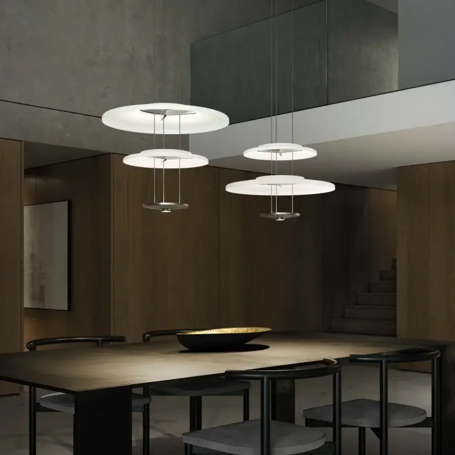Superior Vistosi Dione suspension lamp in white with dual LED sources and smooth matte glass diffusers
