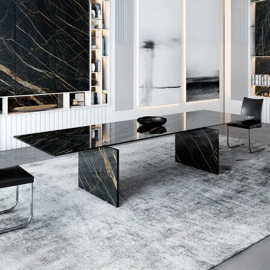 Distinguished Naos Convivium extendable table with glossy stone and porcelain ceramic tabletop plus golden veining and matching stone base