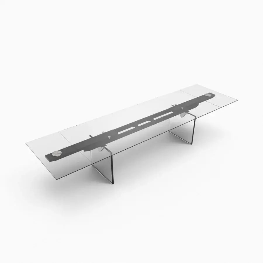 Exceptional Naos Convivium extendable table with transparent glass top and matte dark gray metal base