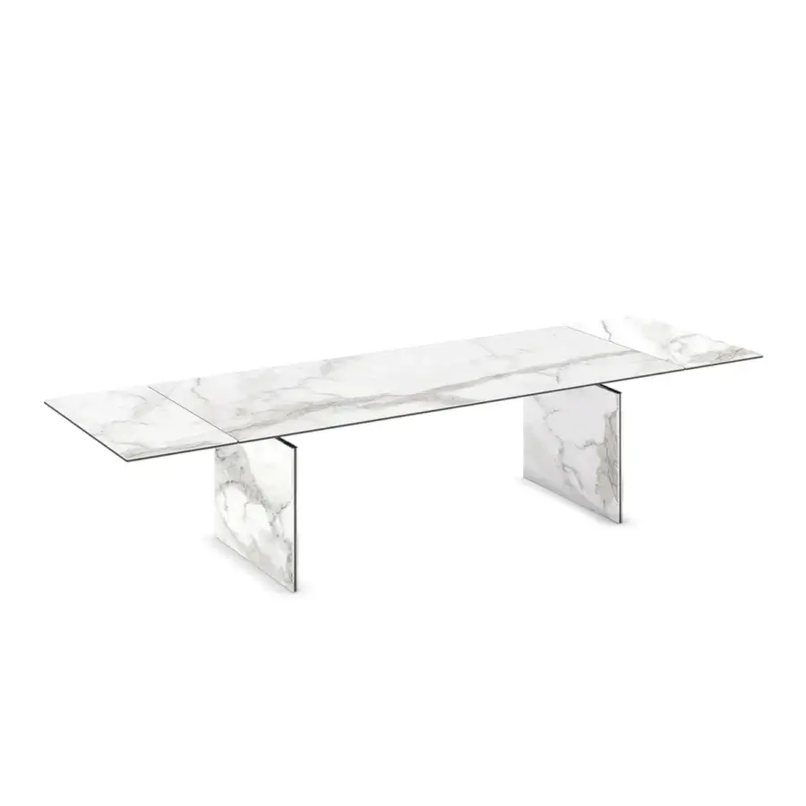 Distinguished Naos Convivium extendable table with glossy stone and porcelain ceramic tabletop and faceted bases