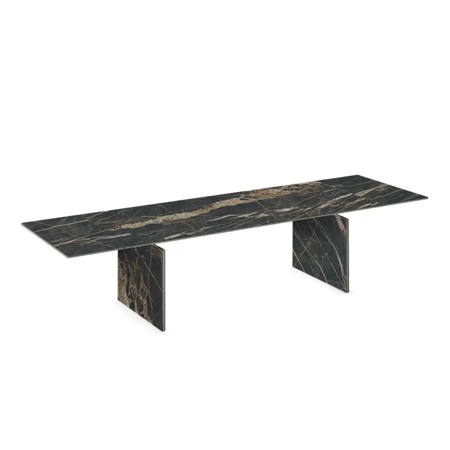 Superior Naos Convivium extendable table crafted with stone and porcelain ceramic, displaying polished black with golden veining