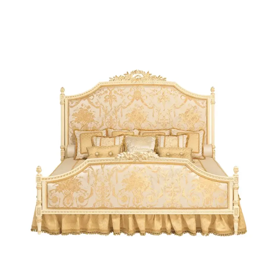 Distinguished Modenese Golden Radiance bed crafted with wood and upholstered in cream and gold damask fabric with a glossy finish