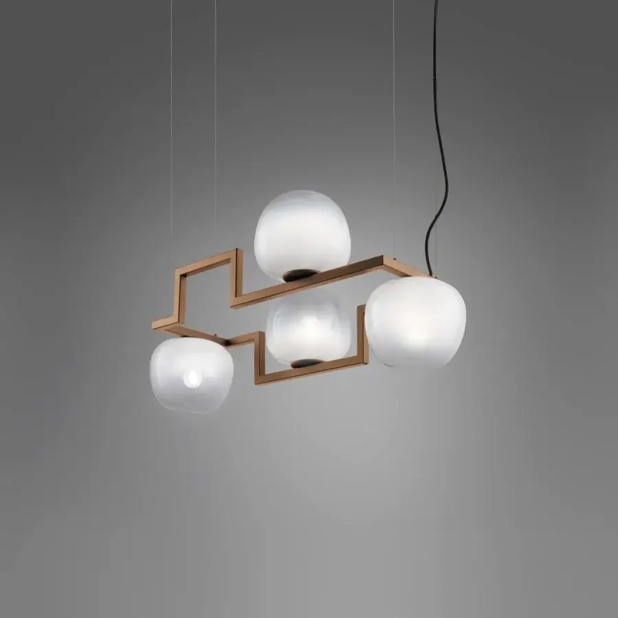 Exceptional Vistosi Globose suspension lamp with golden-brown metal and diffused white glass, crafted in Italy with a rhythmic geometric structure
