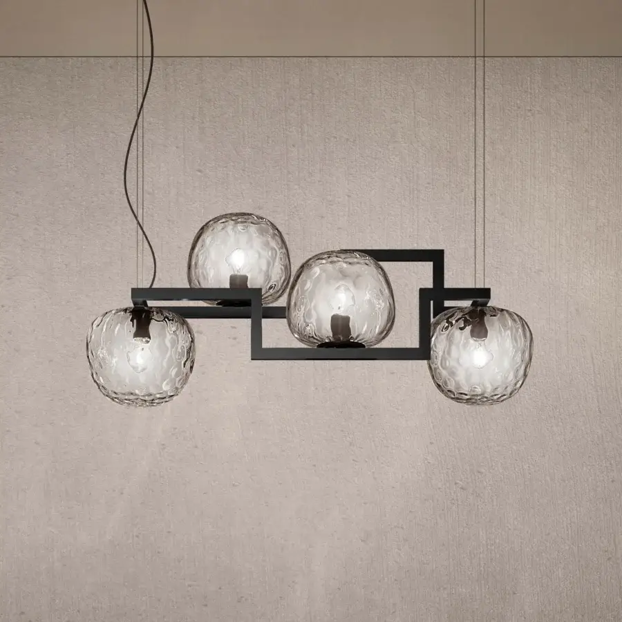 Captivating Vistosi Globose suspension lamp crafted in matte black metal with textured light grey glass diffusers