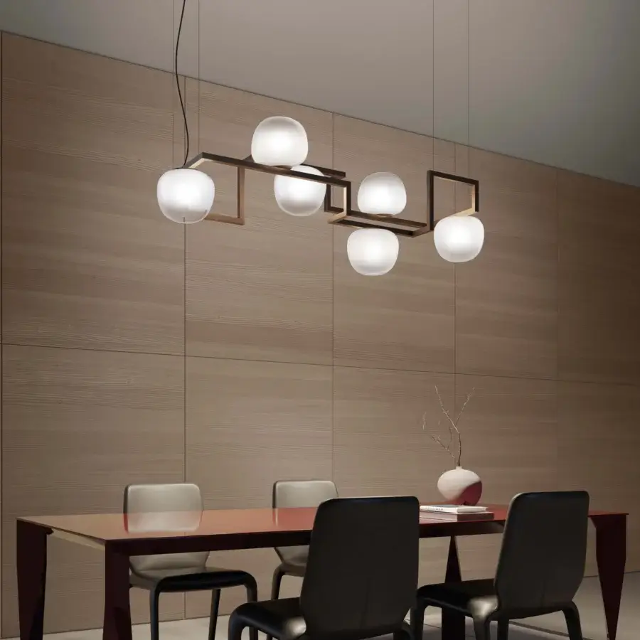 Exclusive Vistosi Globose suspension lamp crafted in dark matte metal with translucent glass diffusers creating a rhythmic glow