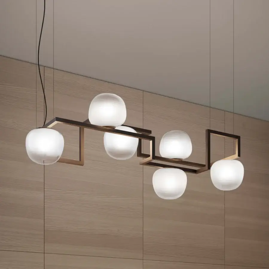 Superior Vistosi Globose suspension lamp crafted in dark metal with opaque white glass diffusers and balanced globes
