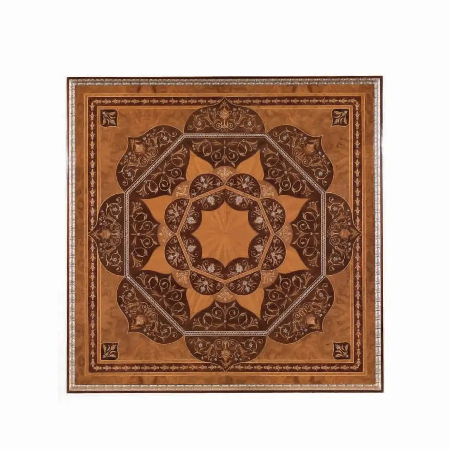 Exquisite Armando Rho A1213 coffee table crafted in walnut Persian burl, California walnut burl, and amboina burl with gold leaf accents