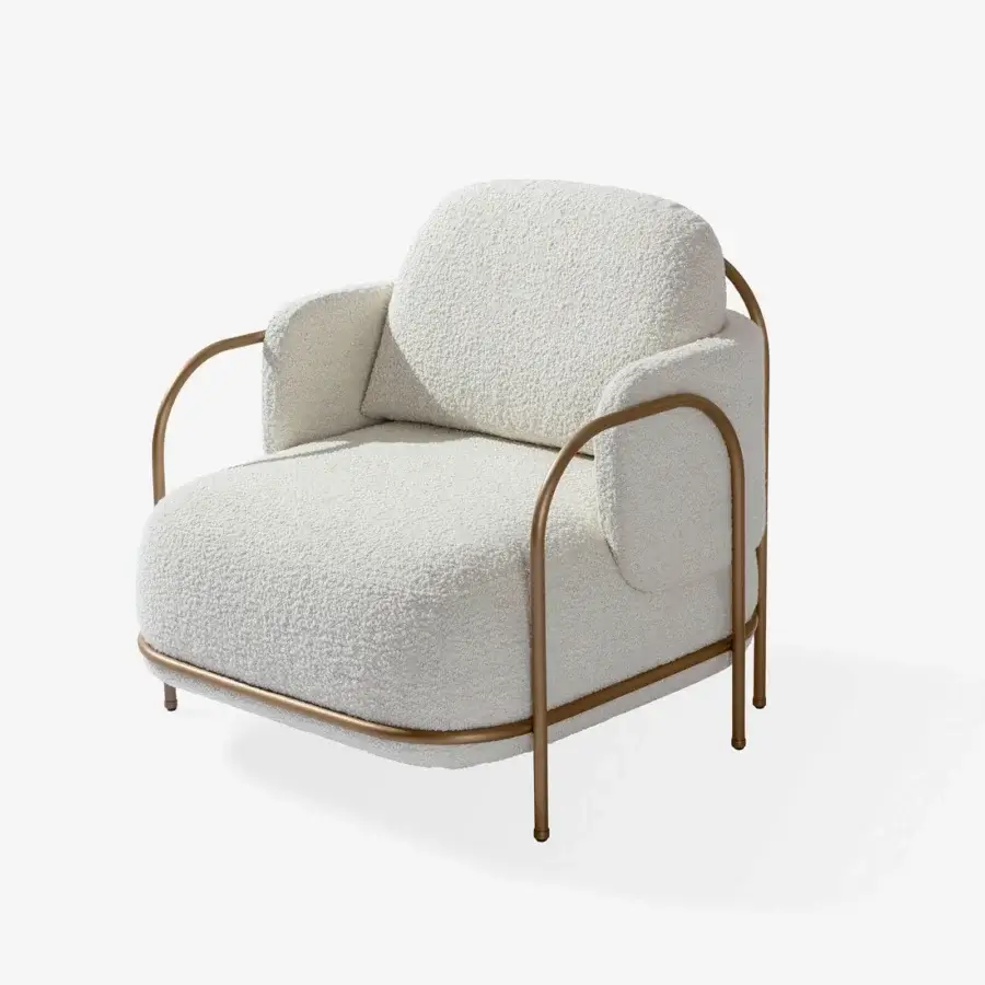 Exceptional Carpanese Home Gaston lounge chair with creamy textured fabric upholstery and satin Brass painted metal structure