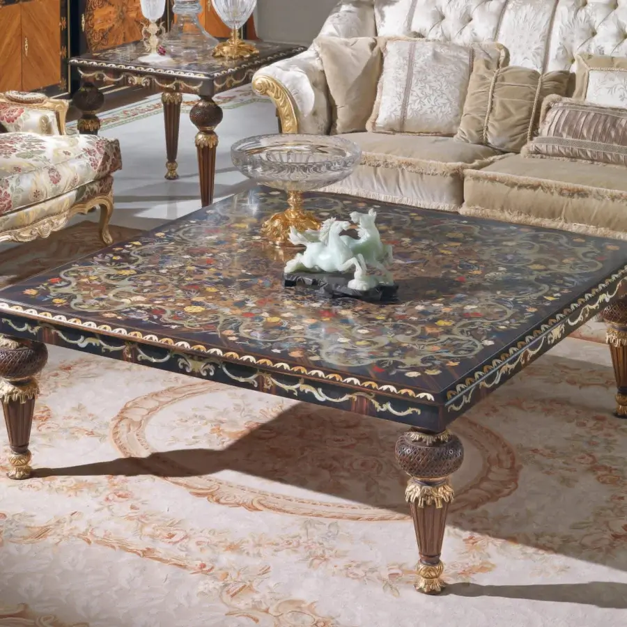 Lavish Armando Rho A1180 coffee table crafted in walnut with an ebony and turtle shell inlaid top and gold accents
