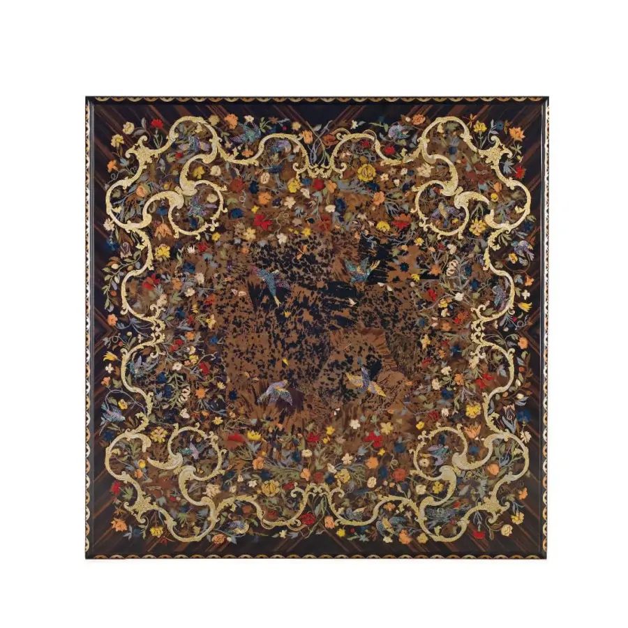 Exceptional Armando Rho A1180 coffee table handcrafted in walnut with an ebony and turtle shell insert top and ornate metal inlays