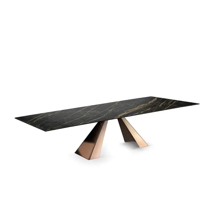 Sophisticated Naos Delta extendable table with dark marble and golden veining, built with a chromed or painted metal base and polished finish