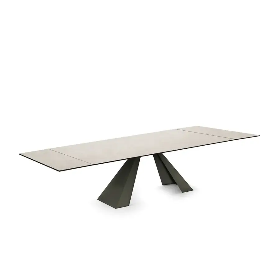 Exceptional Naos Delta extendable table with ceramic tabletop in grey-beige and muted olive-green metal base with textured finish