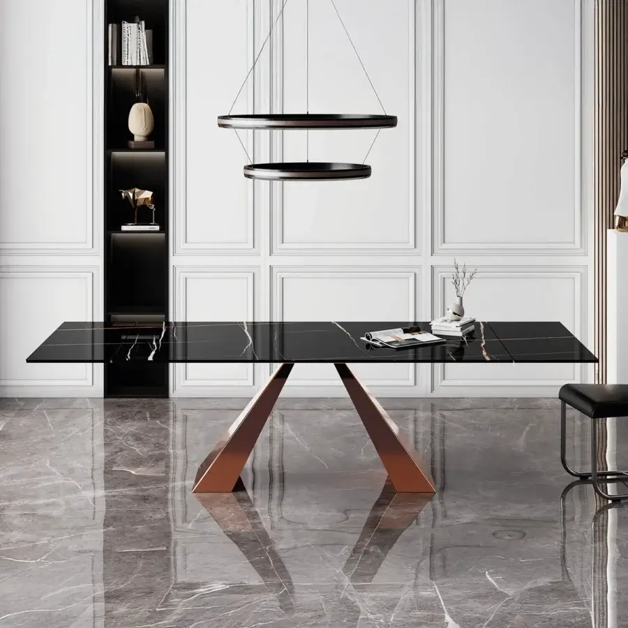 Distinguished Naos Delta extendable table with glass tabletop displaying a dark marble-like pattern and sleek copper-toned metal base